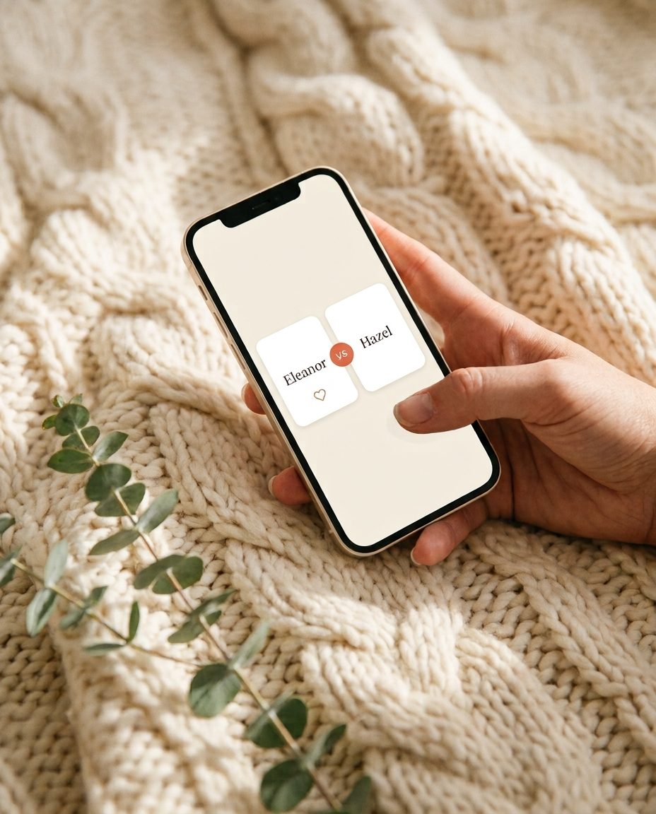 Voting on baby names — Eleanor vs Hazel on a phone, cozy blanket